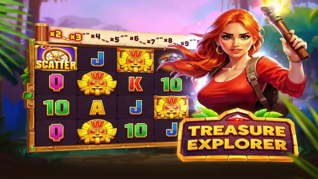 Pemandangan hutan misterius dengan gulungan slot Treasure Explorer
